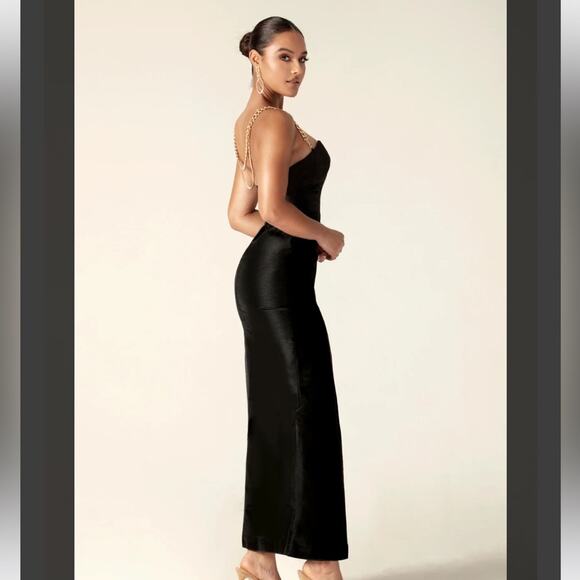 ALIEVA Dulce Dupioni Black Maxi Dress Gold Chain Straps Slit Size L - Picture 13 of 13